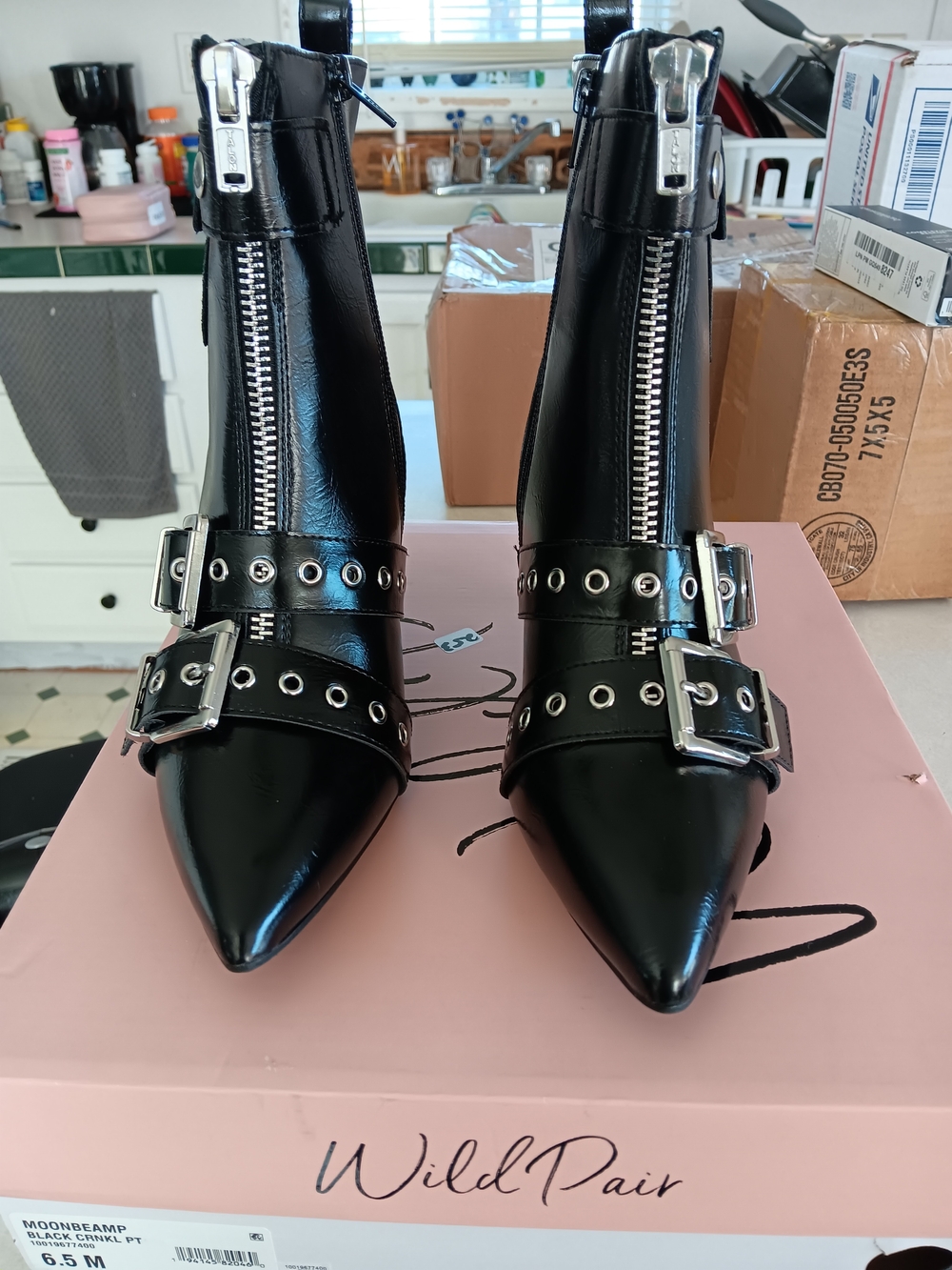 Wild Pair Black Patent Buckle Pointed Ankle Boots Size 6.5 Brand New In Box.